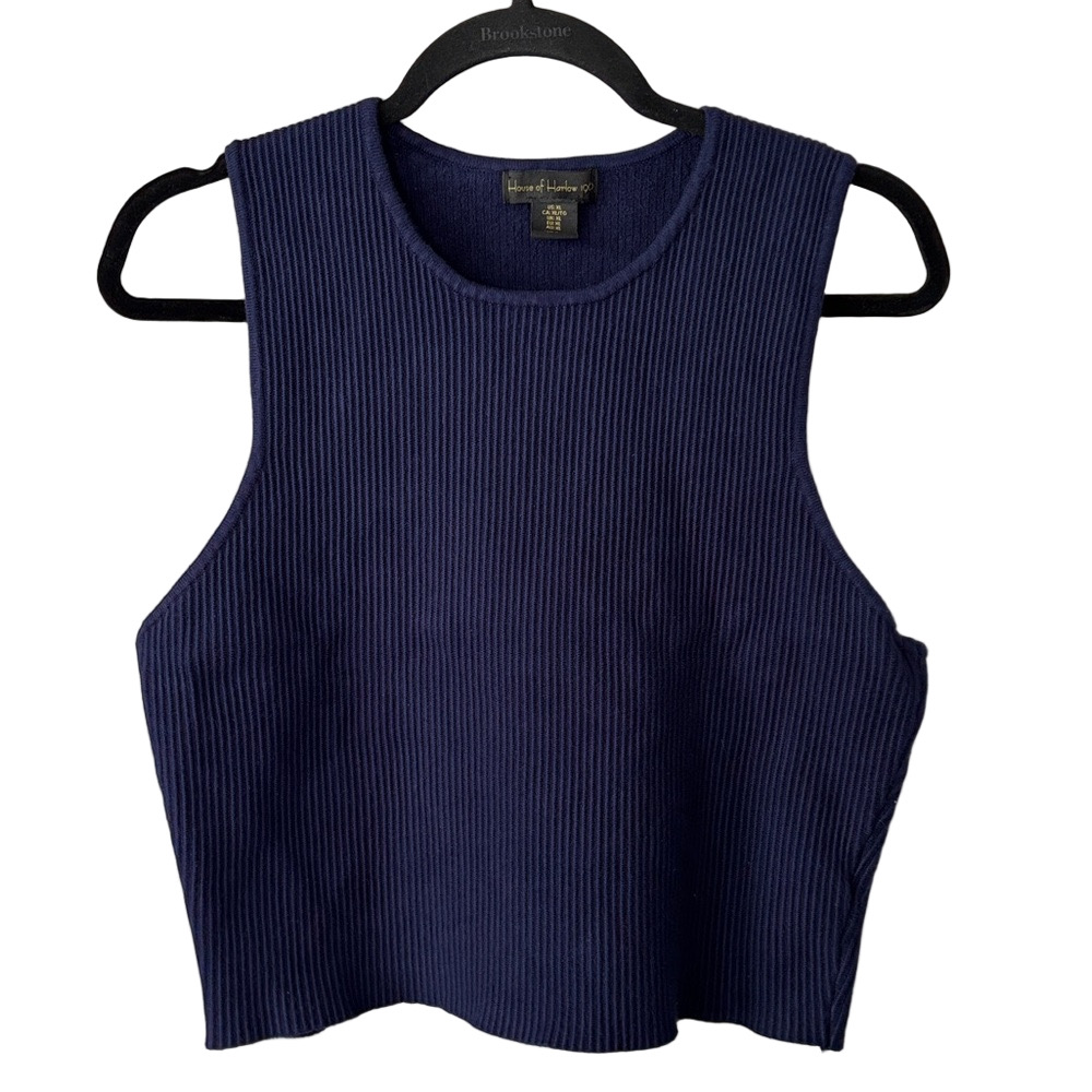 House of Harlow 1960 Classic Navy Ribbed Tank Blouse Minimal Chic Y2K - Picture 1 of 8